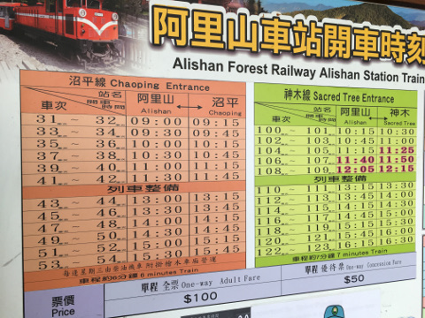 阿里山森林鉄道の時刻表